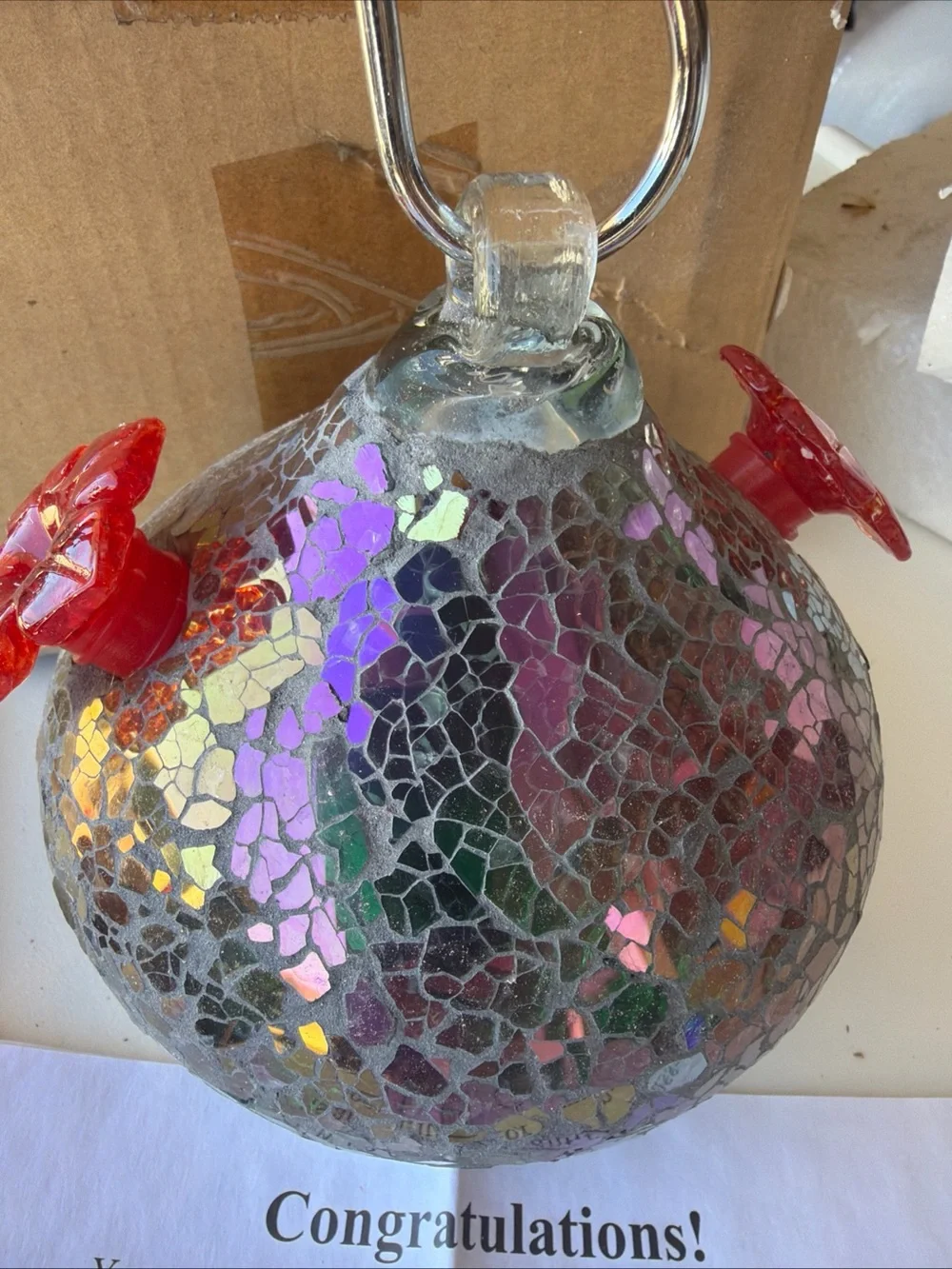 Backyard Expressions Bird Brain Purple Mosaic Glass Hanging Hummingbird Feeder
